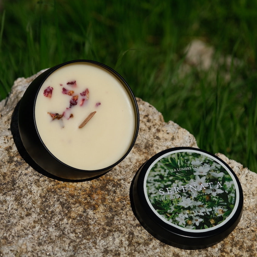 Serenata ~ 6 oz. / 14 oz. Beeswax Coco Creme Candle in Wide Matte Black Tin